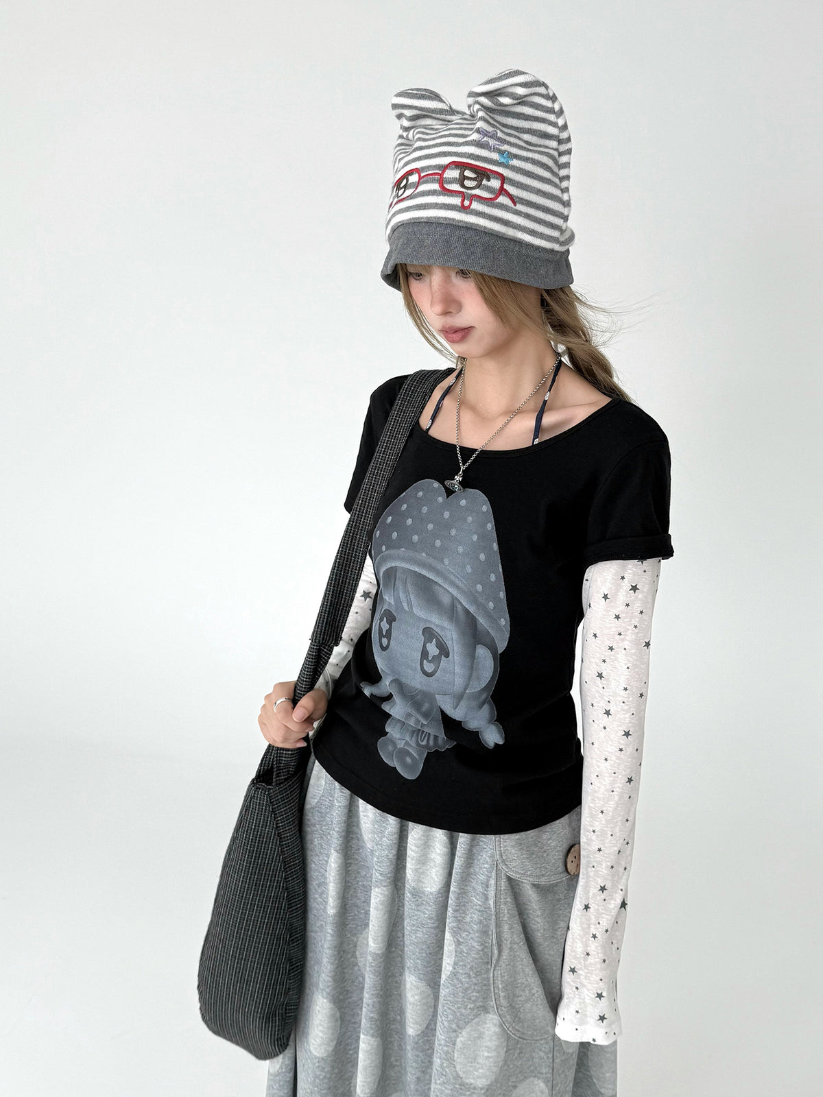 Mushroom Girl Star Faux-Layered Long Sleeve Tee
