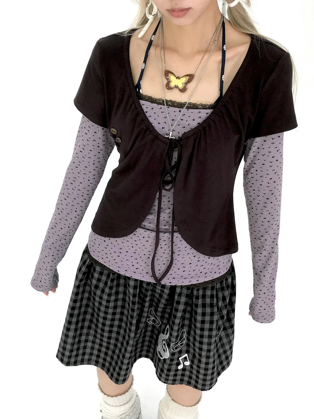 Striped Polka Dot Faux-Layered Button Long Sleeve Top