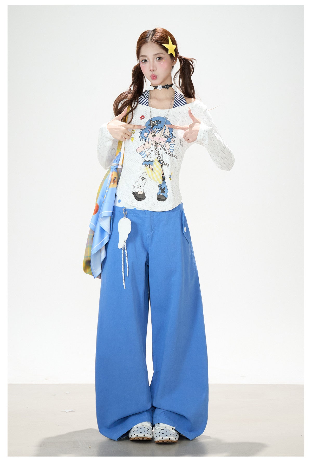 Cartoon Girl Faux-Layered Long Sleeve Top & Polka Dot Waist Wide-Leg Pants