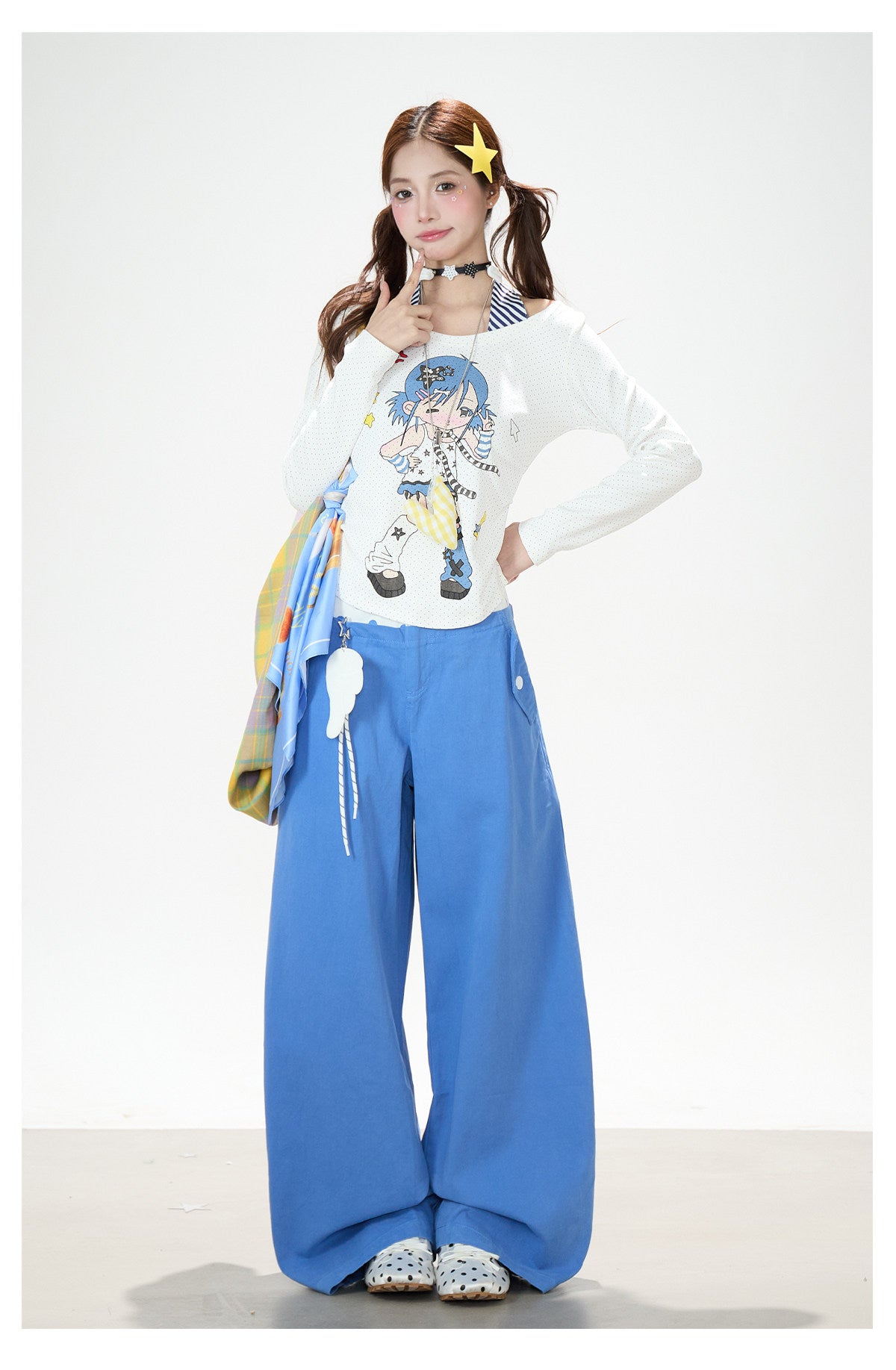 Cartoon Girl Faux-Layered Long Sleeve Top & Polka Dot Waist Wide-Leg Pants
