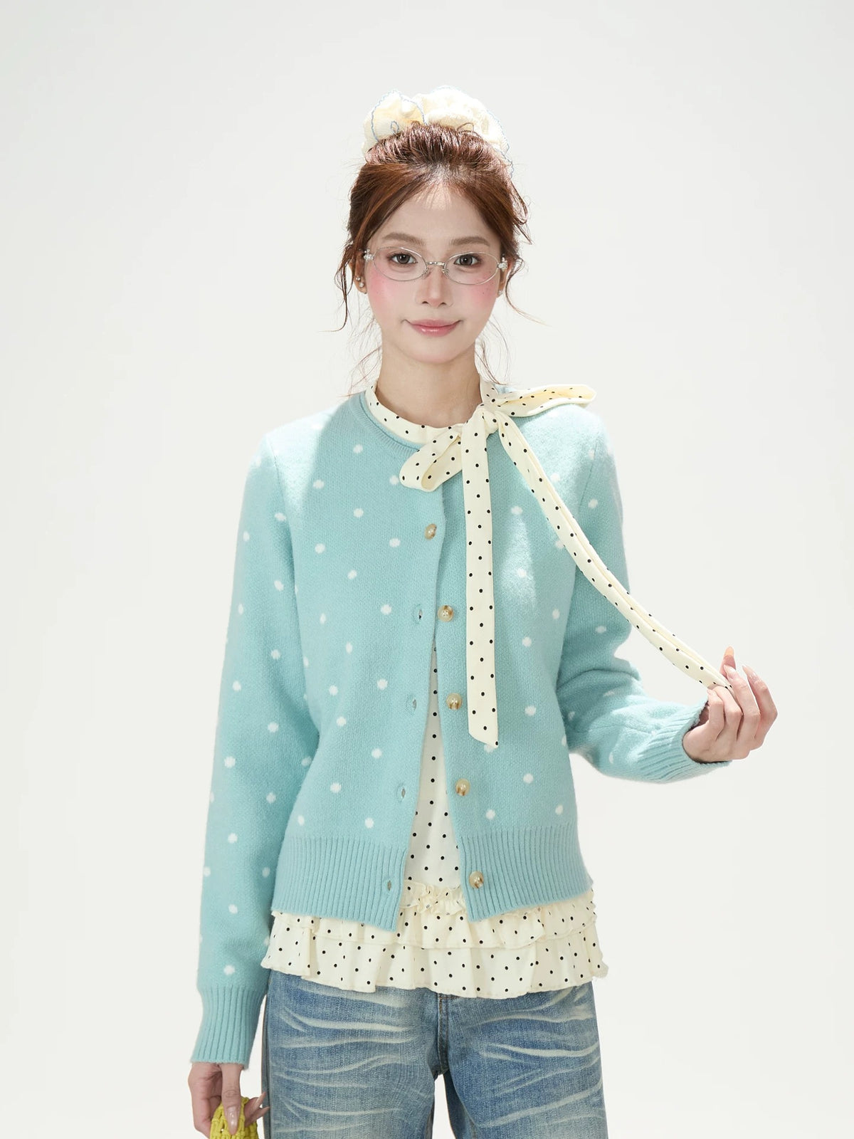 Polka-Dot Jacquard Knit Cardigan & Washed Flare Jeans