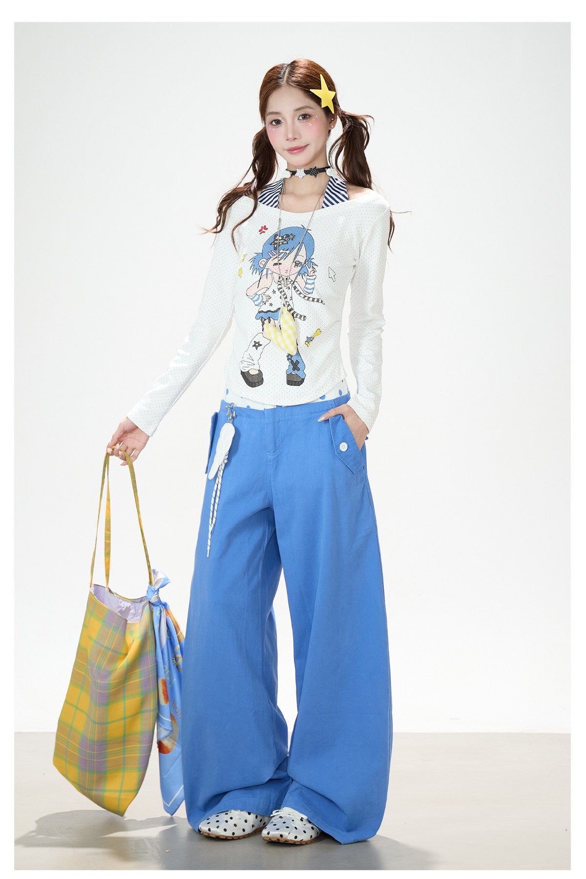 Cartoon Girl Faux-Layered Long Sleeve Top & Polka Dot Waist Wide-Leg Pants