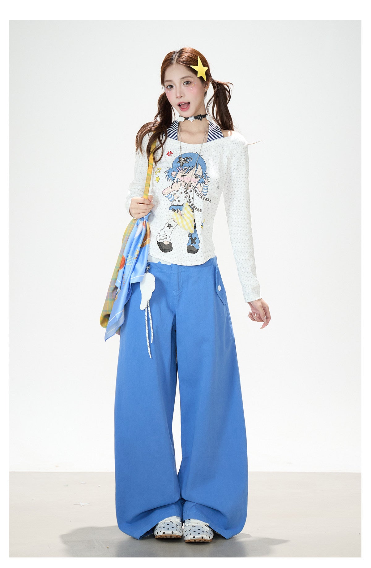 Cartoon Girl Faux-Layered Long Sleeve Top & Polka Dot Waist Wide-Leg Pants