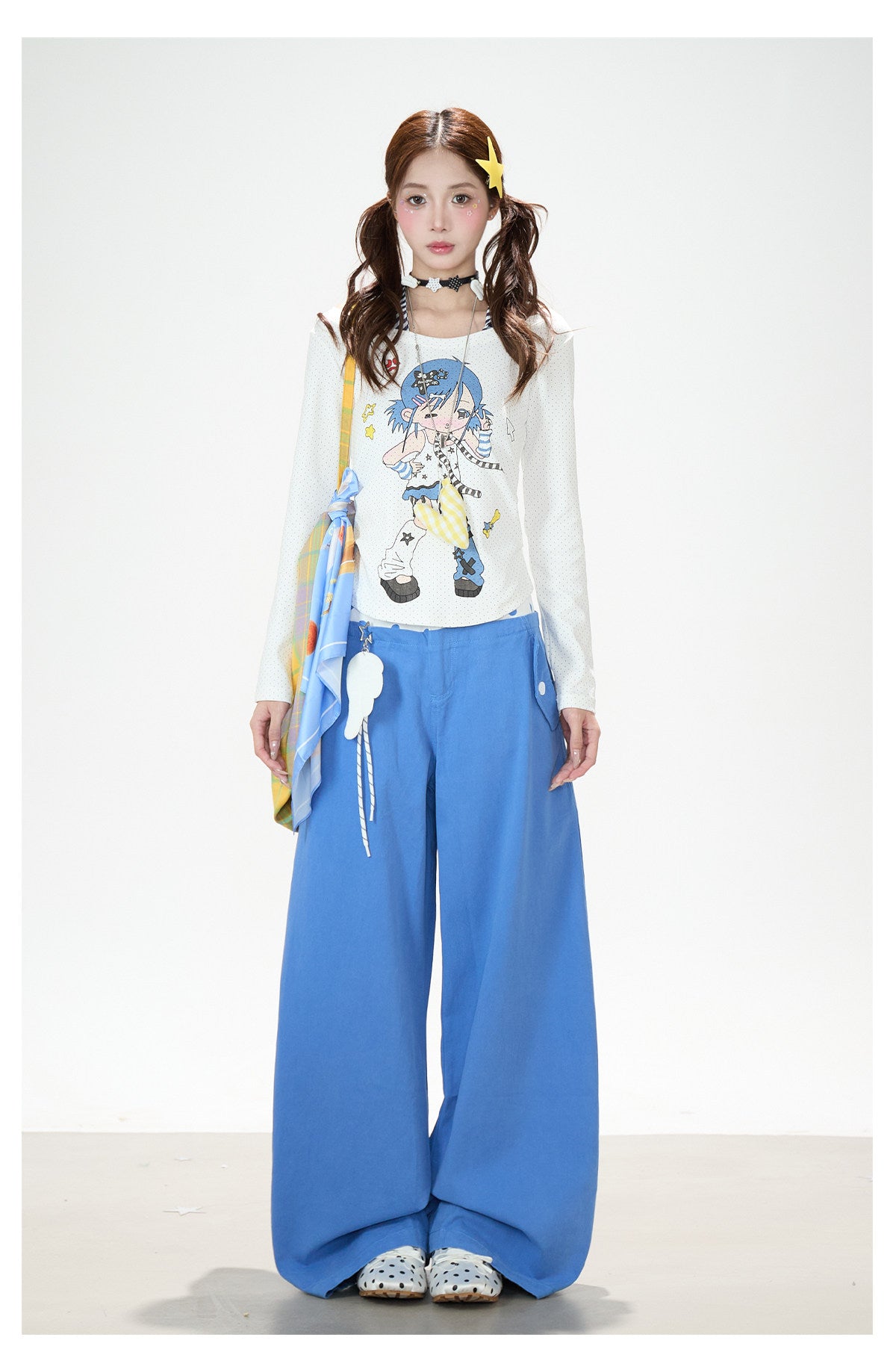 Cartoon Girl Faux-Layered Long Sleeve Top & Polka Dot Waist Wide-Leg Pants