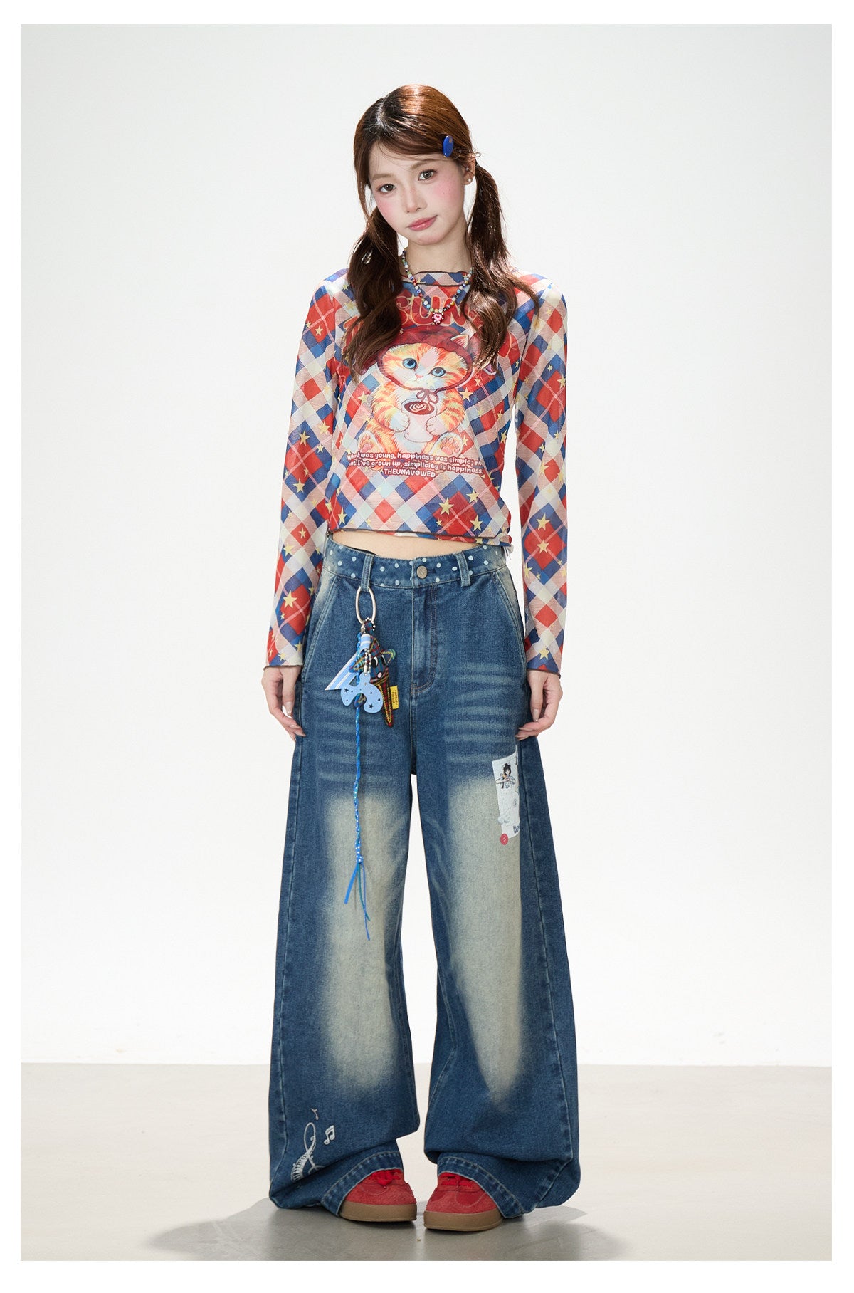 Cartoon Patch Washed Wide-Leg Jeans