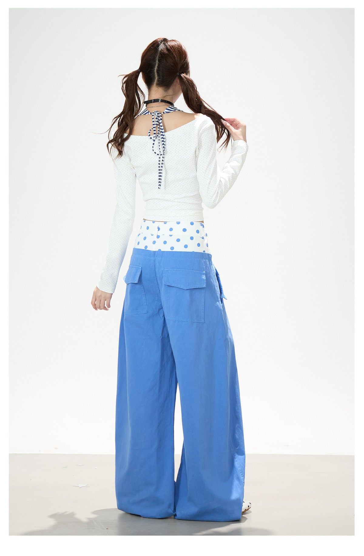 Cartoon Girl Faux-Layered Long Sleeve Top & Polka Dot Waist Wide-Leg Pants