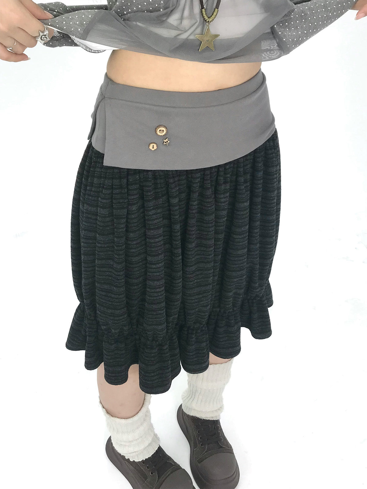 Contrast-Waist Textured Bubble Midi Skirt