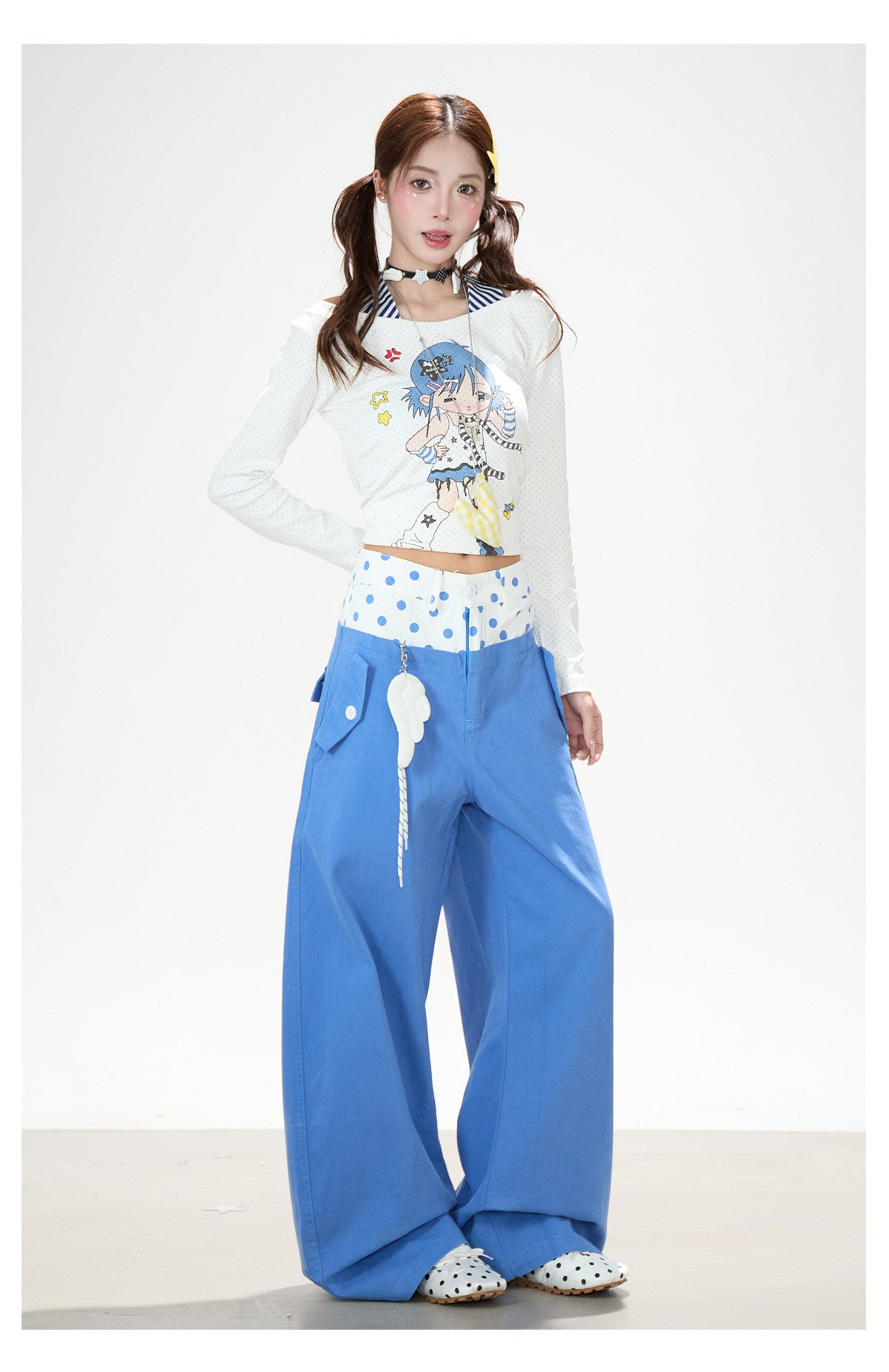 Cartoon Girl Faux-Layered Long Sleeve Top & Polka Dot Waist Wide-Leg Pants