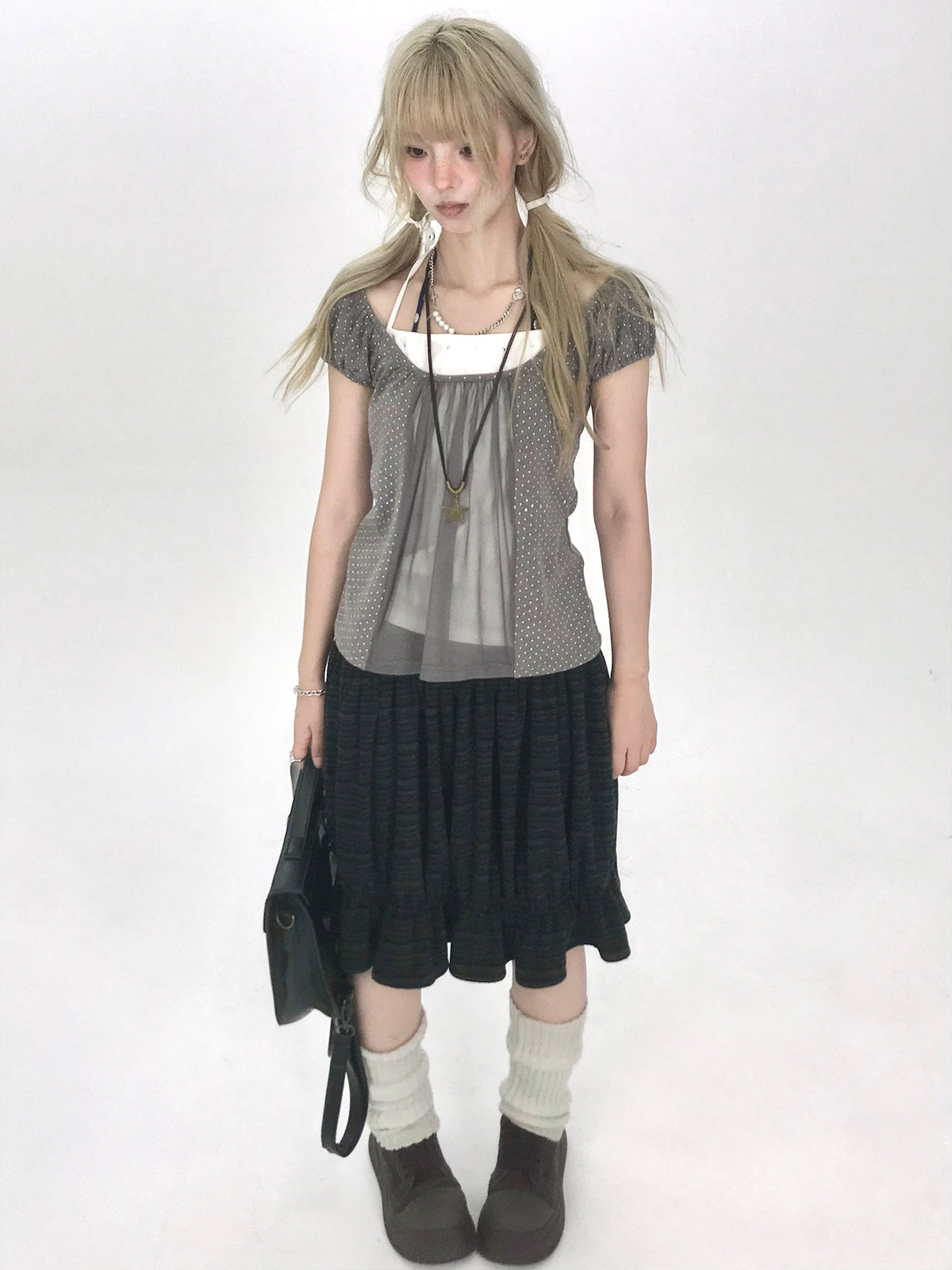 Contrast-Waist Textured Bubble Midi Skirt