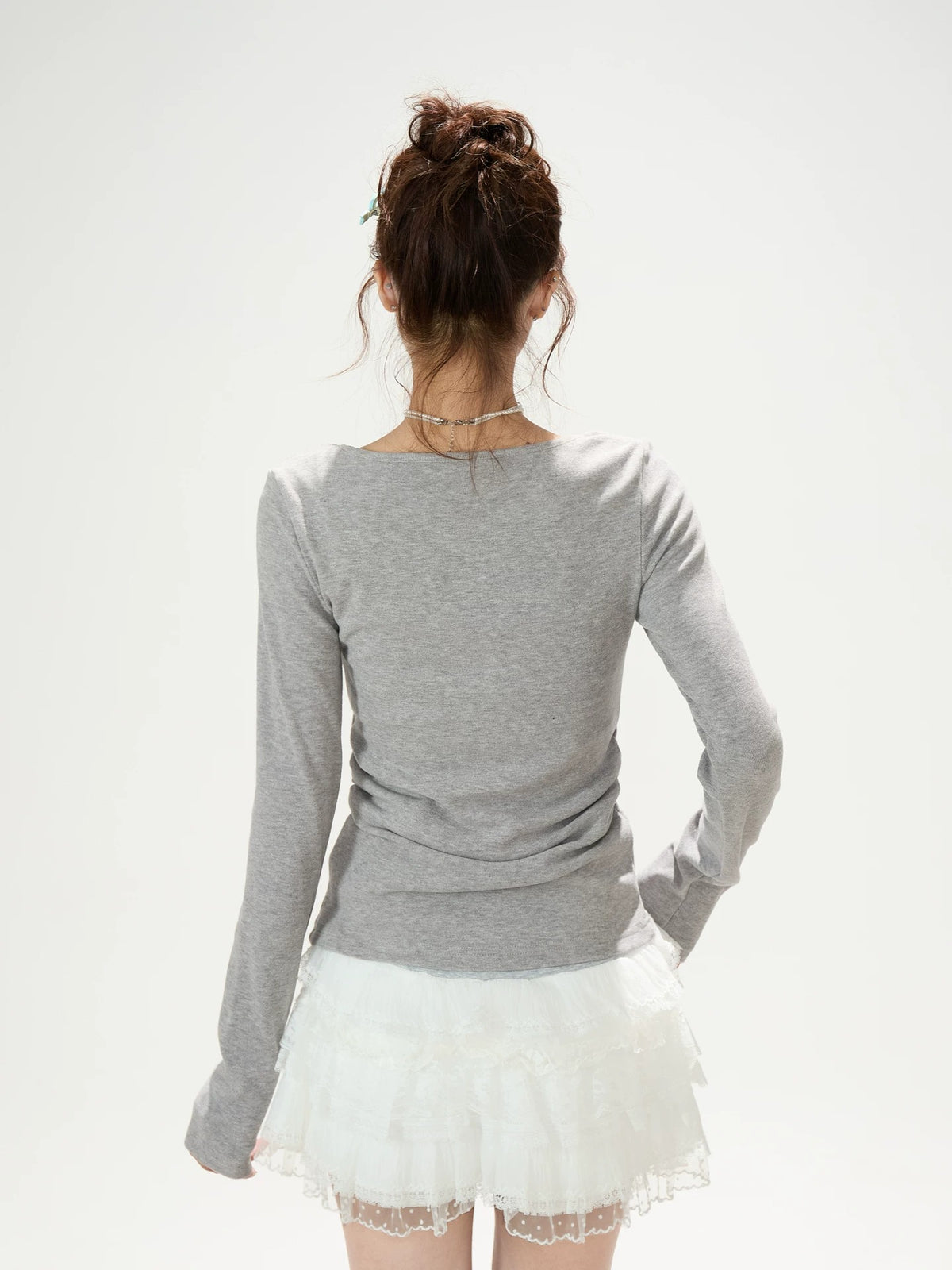 Faux-Layered V-Neck Long Sleeve Top & Ruffle Mini Skirt