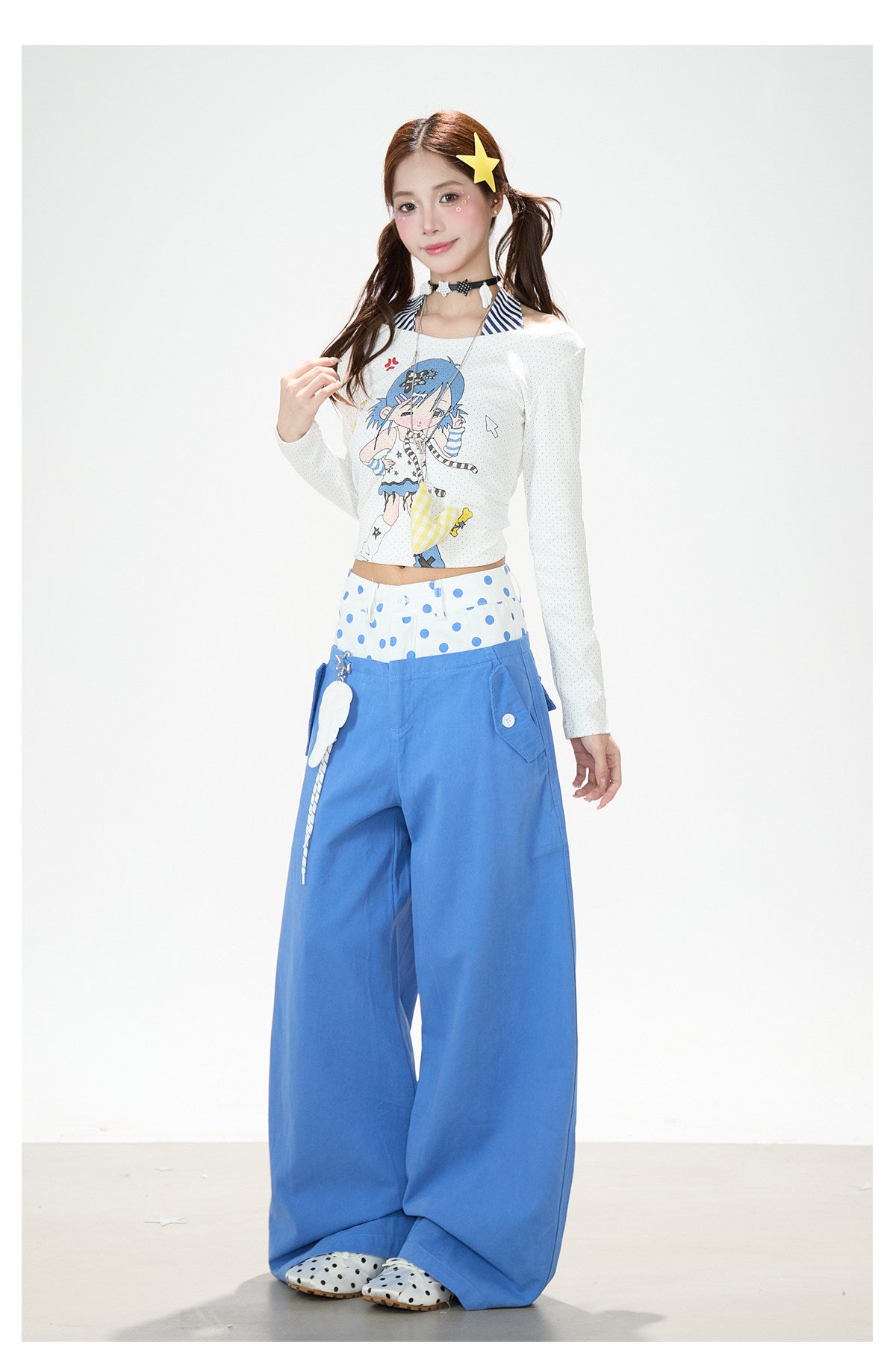 Cartoon Girl Faux-Layered Long Sleeve Top & Polka Dot Waist Wide-Leg Pants
