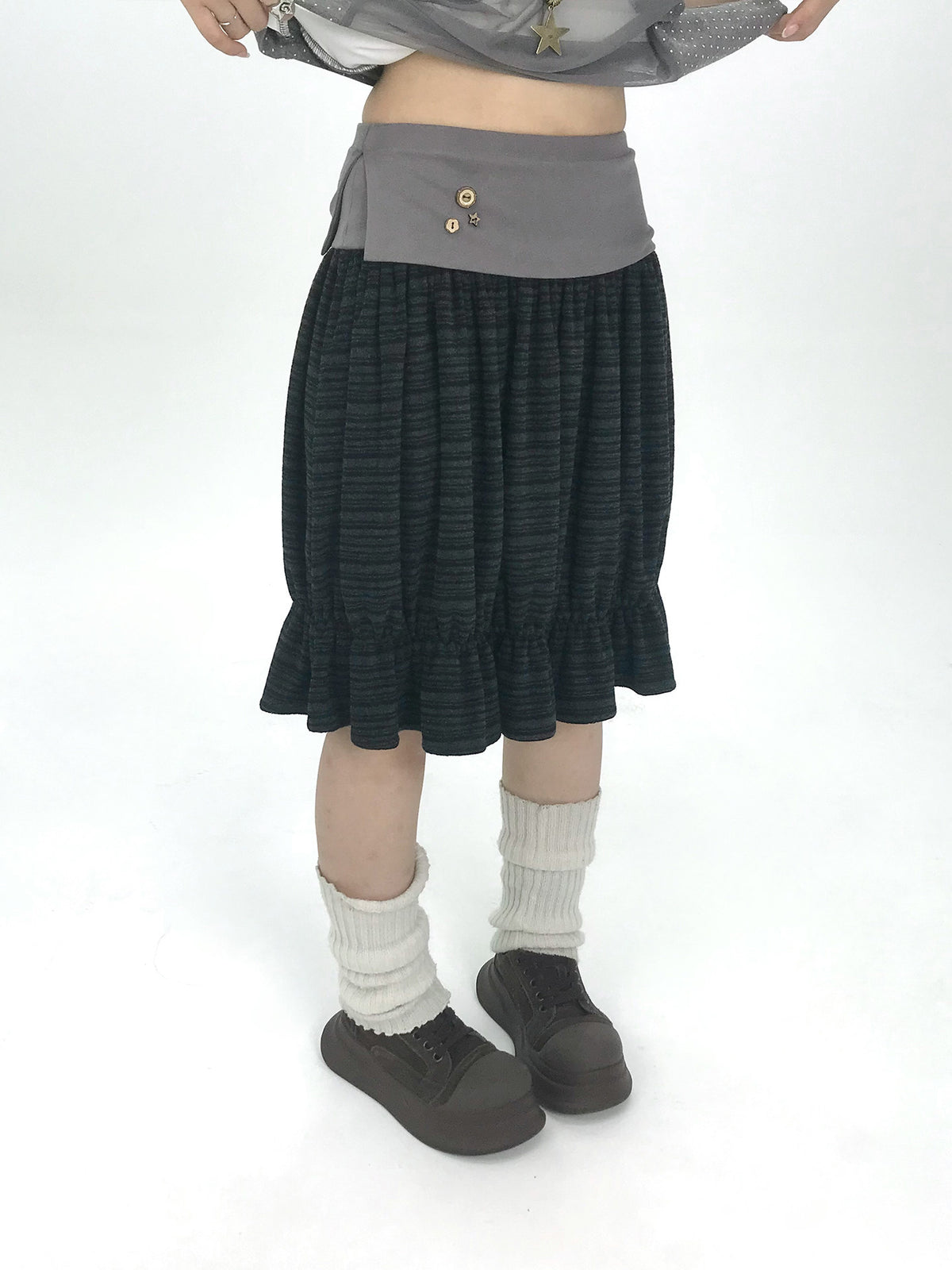 Contrast-Waist Textured Bubble Midi Skirt