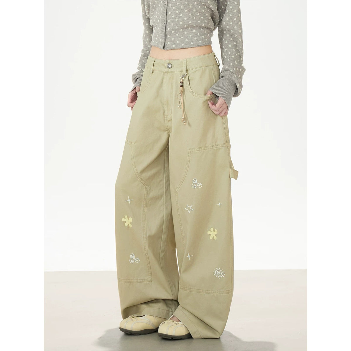 Playful Embroidered Wide-Leg Cargo Pants
