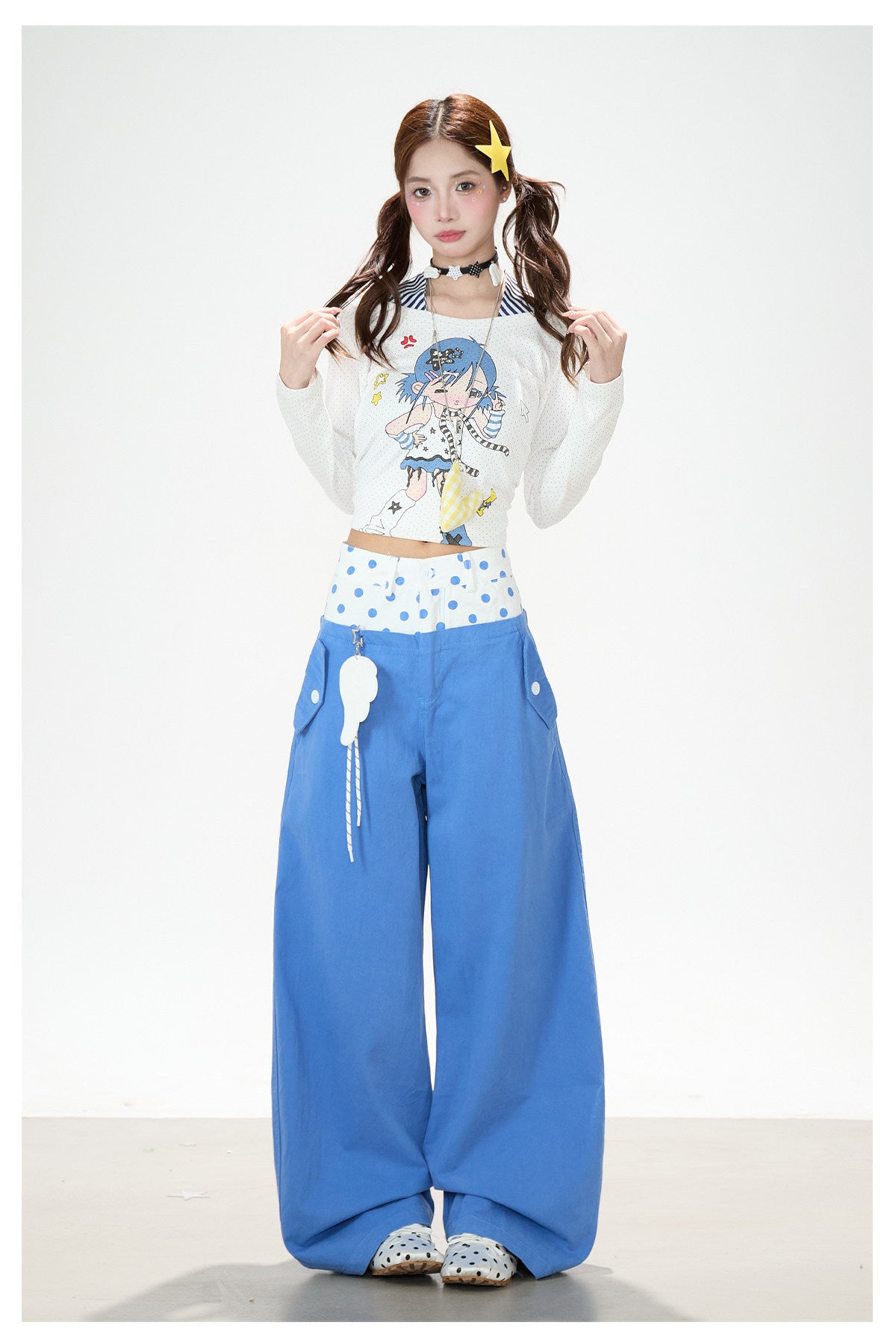 Cartoon Girl Faux-Layered Long Sleeve Top & Polka Dot Waist Wide-Leg Pants
