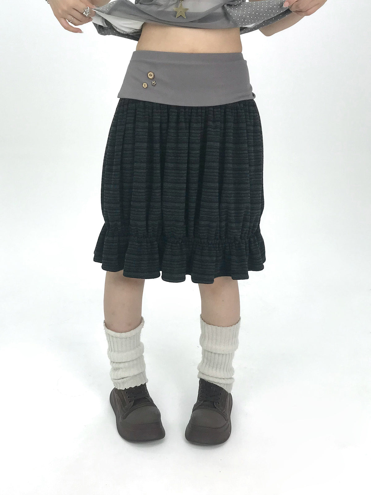 Contrast-Waist Textured Bubble Midi Skirt