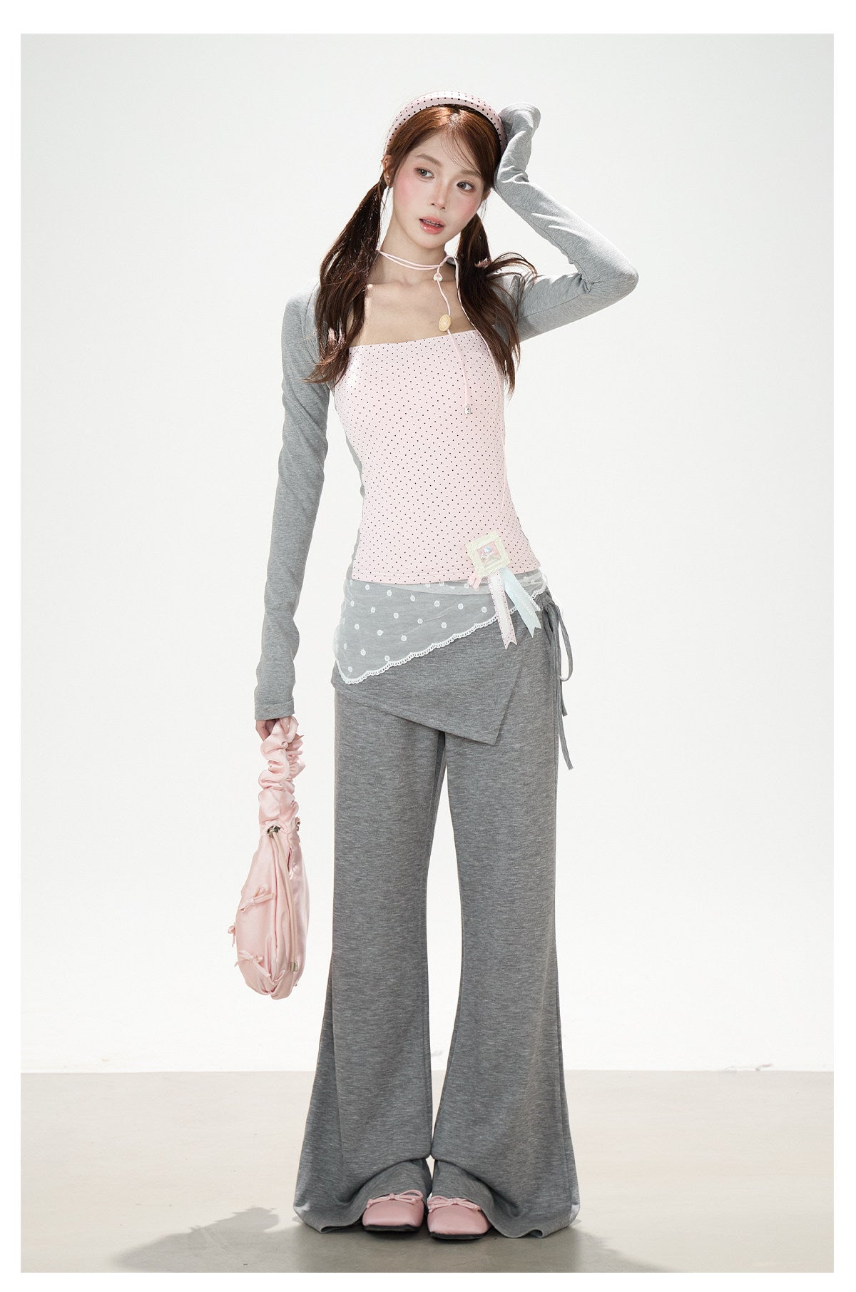 Polka-Dot Layered Cami Long Sleeve Top & Gray Ruffle Shorts