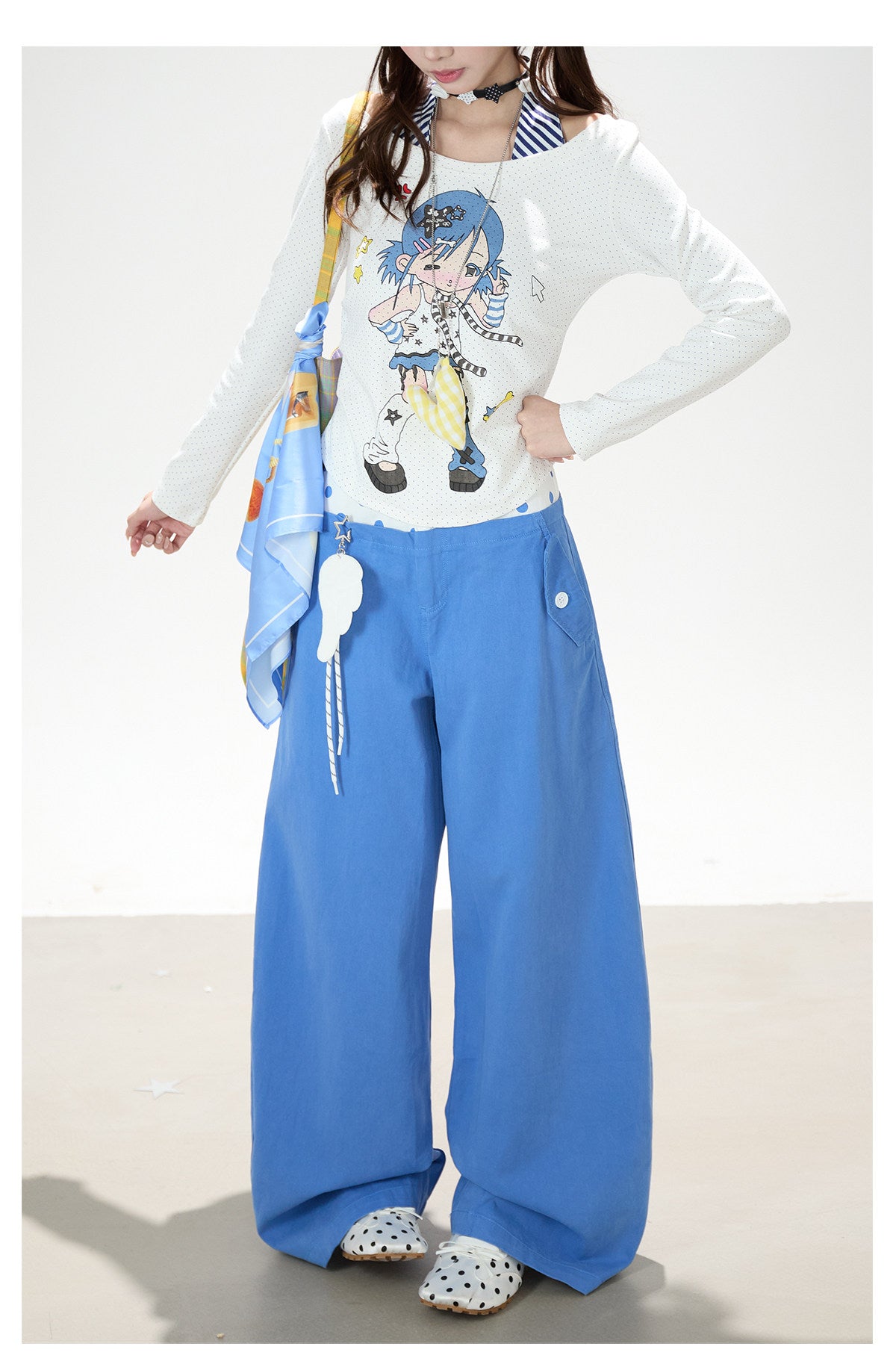 Cartoon Girl Faux-Layered Long Sleeve Top & Polka Dot Waist Wide-Leg Pants