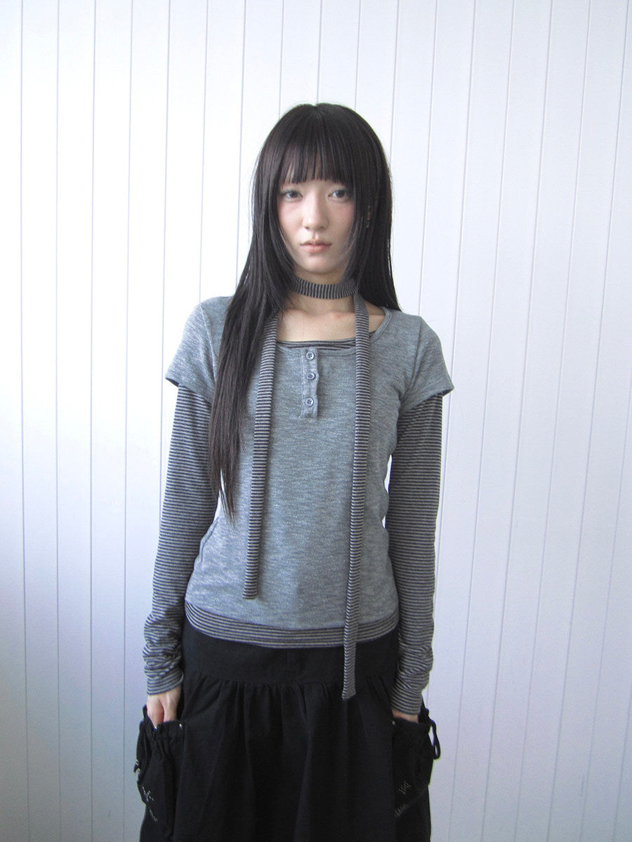 Striped Layered Scarf Henley Long Sleeve Top