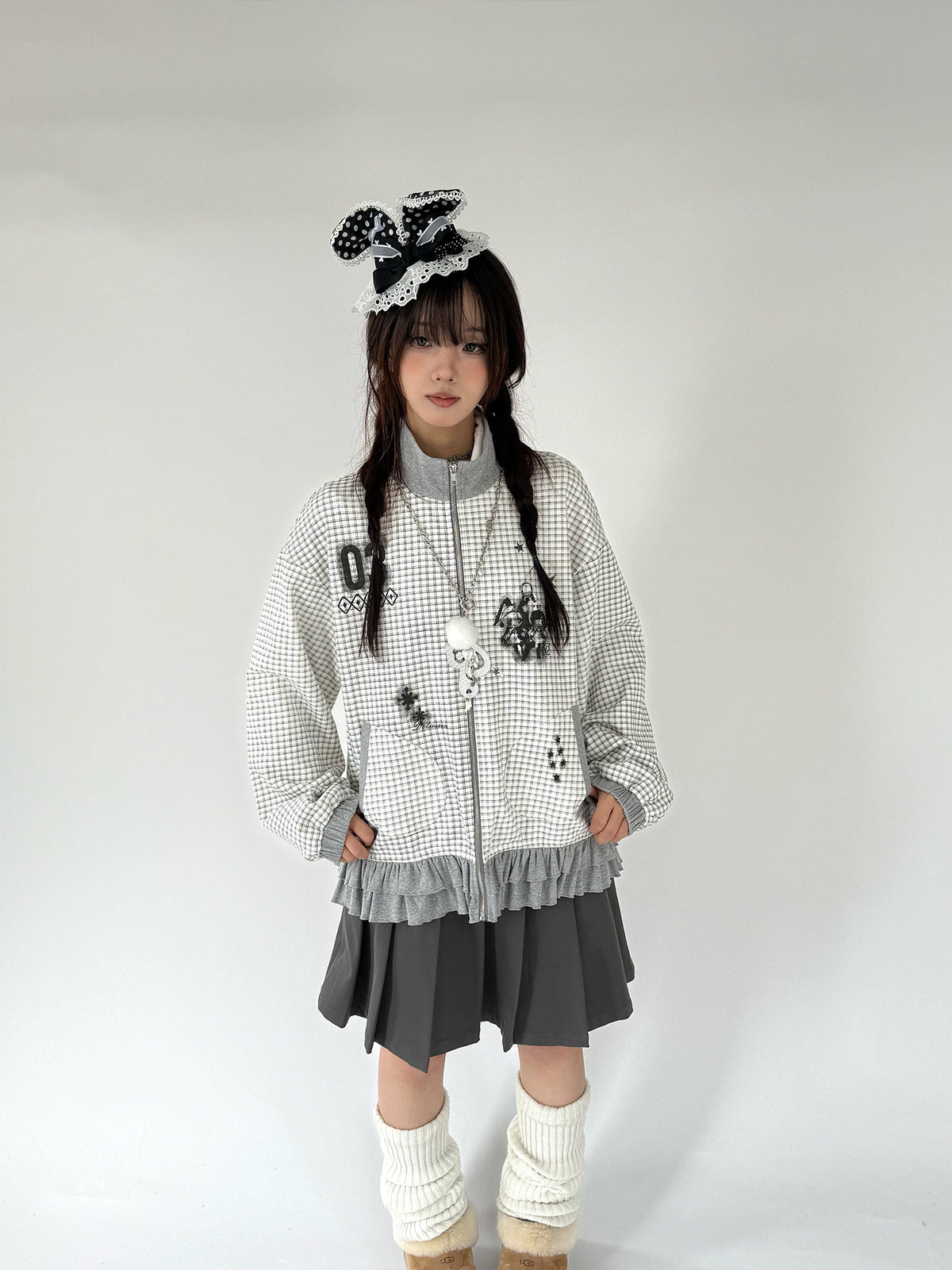 Sugar Check Graphic Ruffle-Hem Zip-Up Jacket
