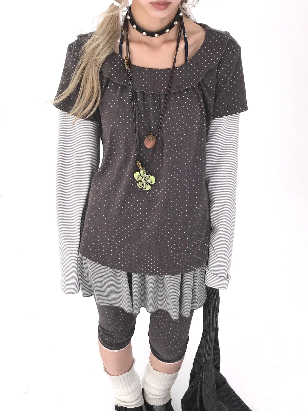 Polka Dot Striped Ruffle Layered Long Sleeve Top