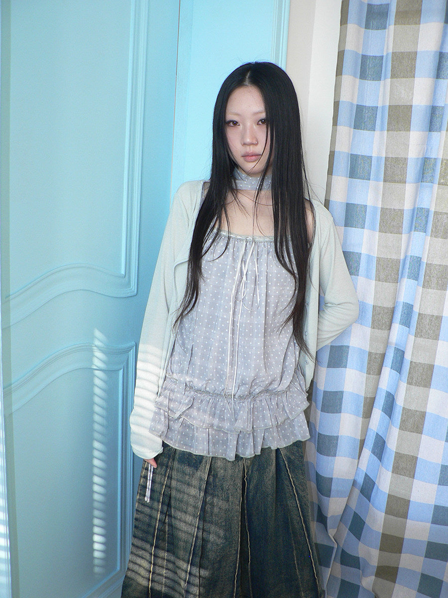 Polka Dot Ruffle Camisole & Cardigan Set with Scarf