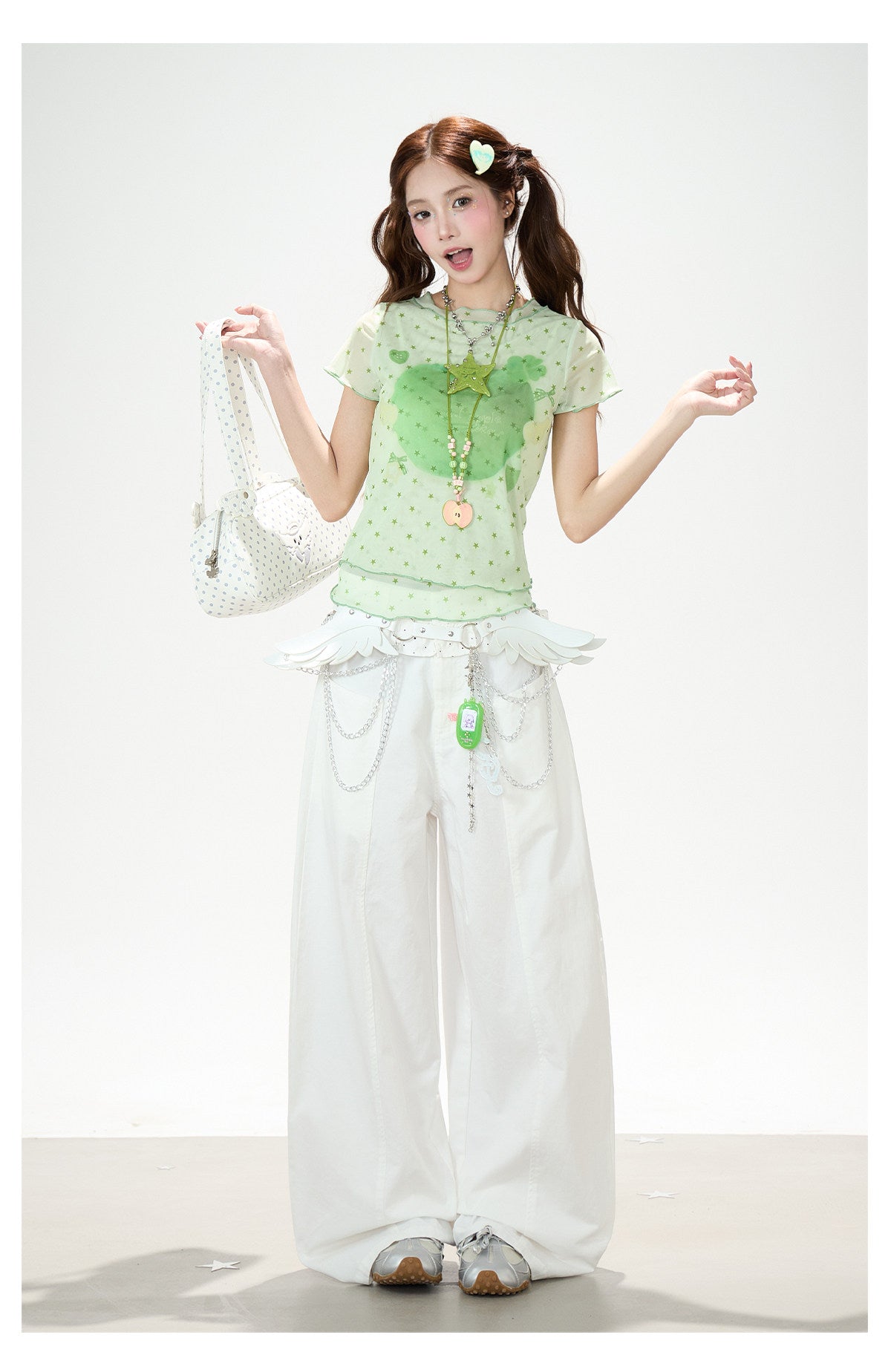 Star Mesh Baby Tee & White Wide-Leg Pants