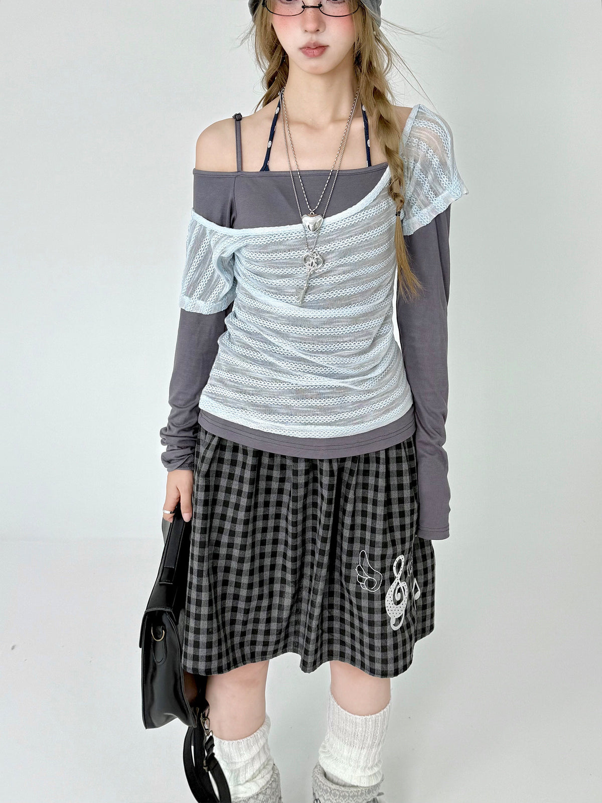 Asymmetric Mesh Faux-Layered Long Sleeve Top