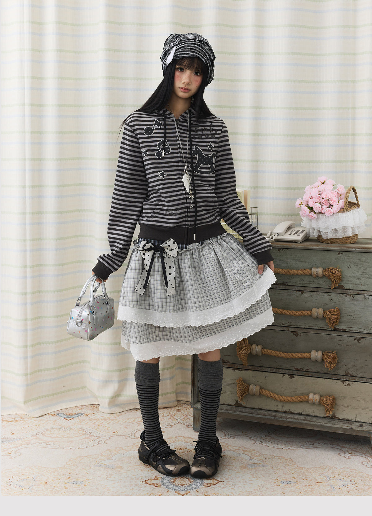 Asymmetric Plaid Lace Tiered Midi Skirt
