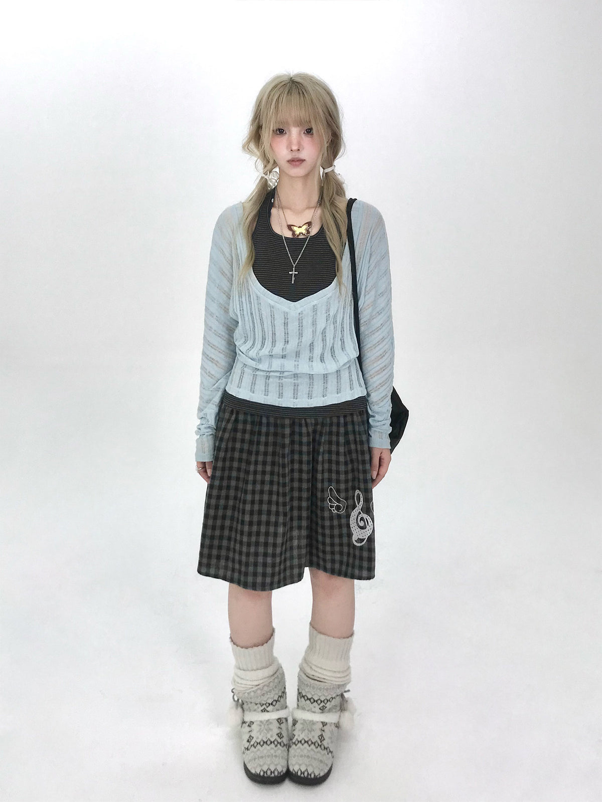 Icy Blue Striped Halter-Layered Long Sleeve Top
