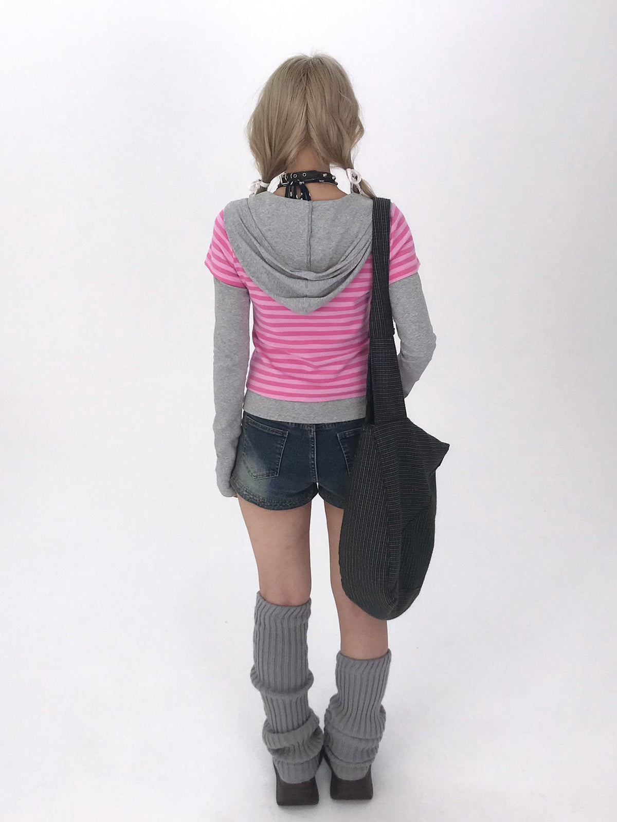 Striped Faux-Layered Hooded Long Sleeve Top