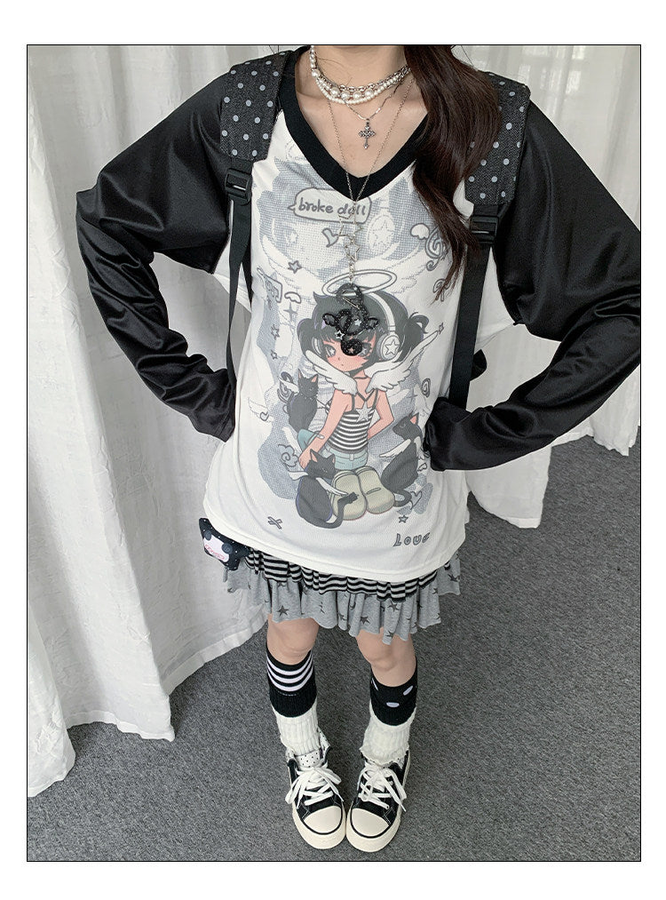 Angel Girl Graphic V-Neck Long Sleeve Top