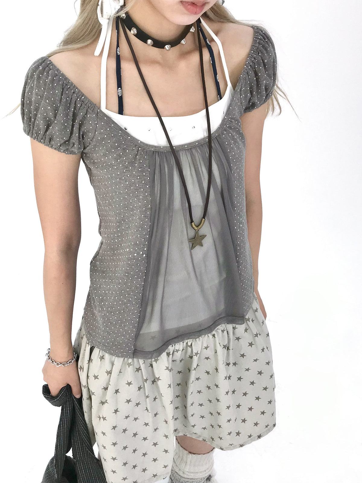 Polka Dot Mesh Panel Faux-Layered Short Sleeve Top
