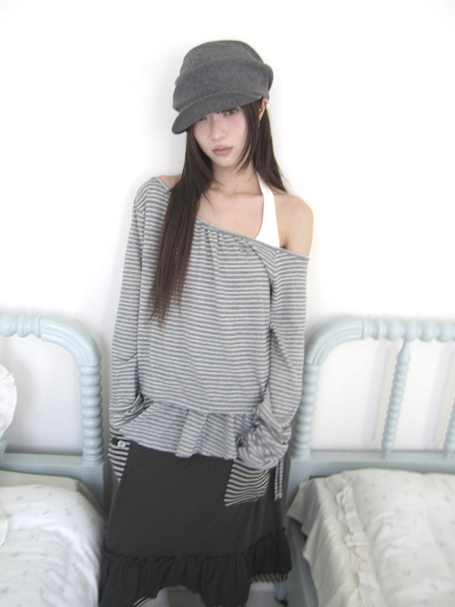 Striped Off-Shoulder Ruffle Layered Long Sleeve Top