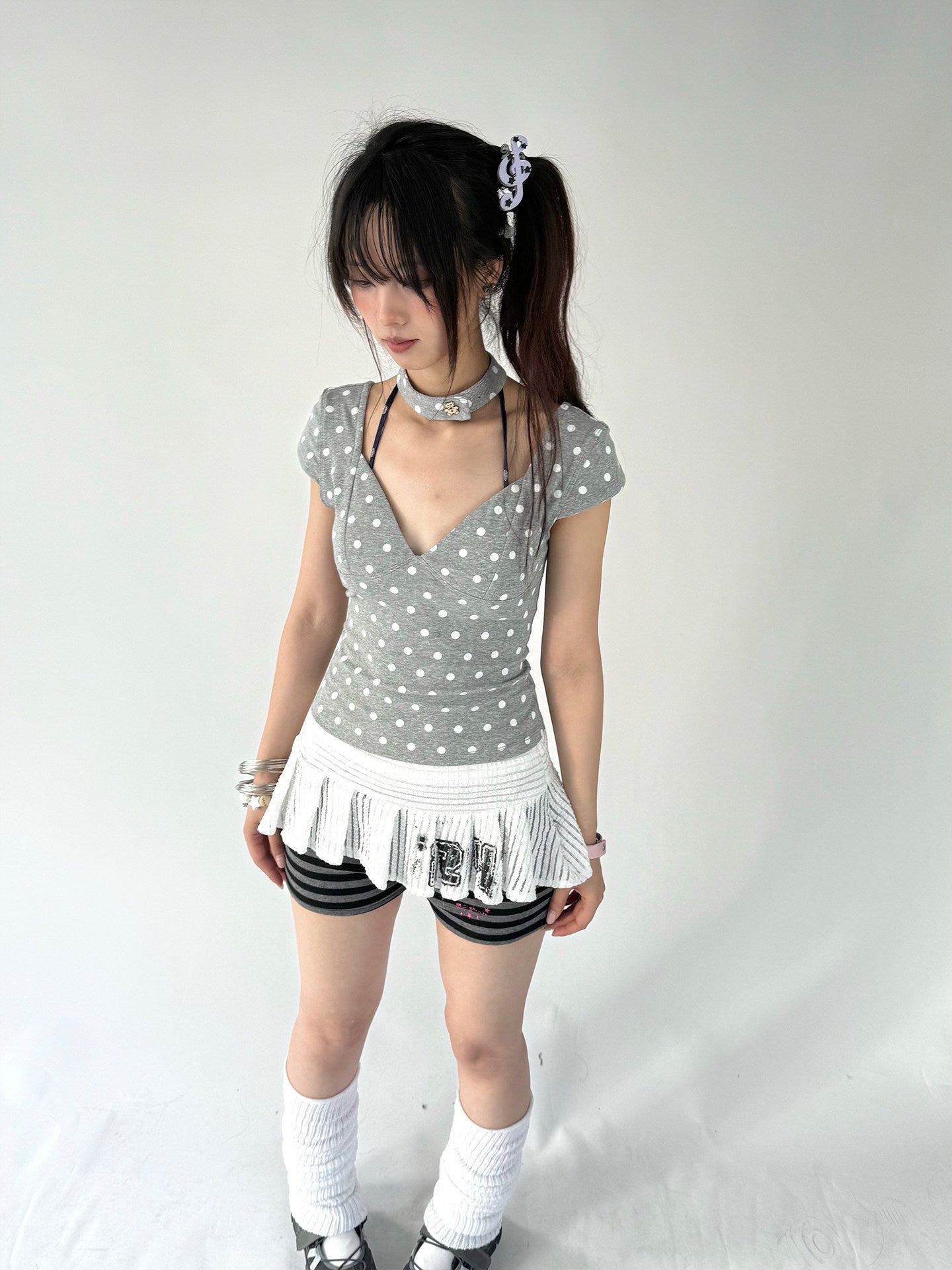 Mechanical Bear Polka Dot V-Neck Fitted Tee with Choker