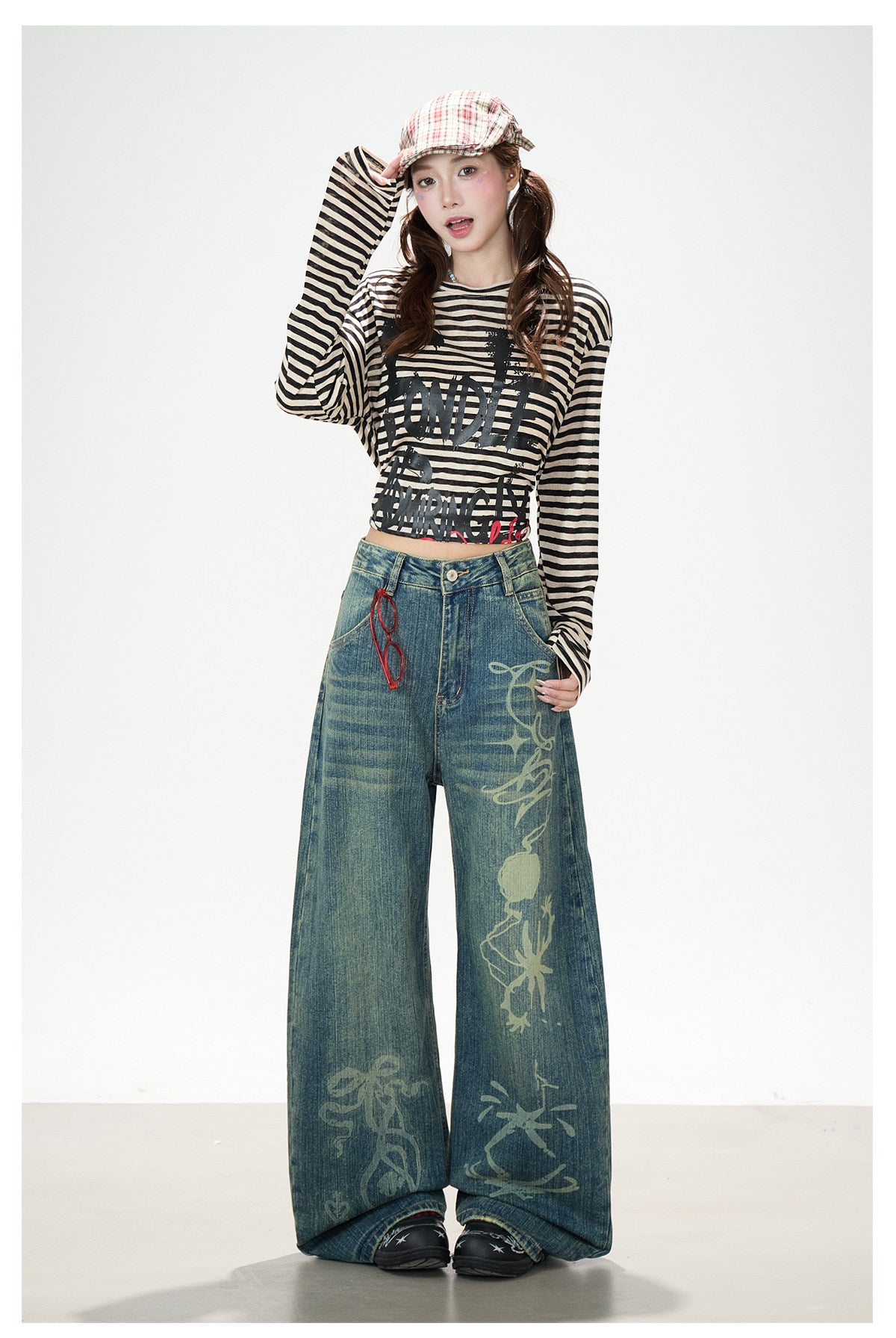 Distressed Striped Long Sleeve Top & Graphic Wide-Leg Pants