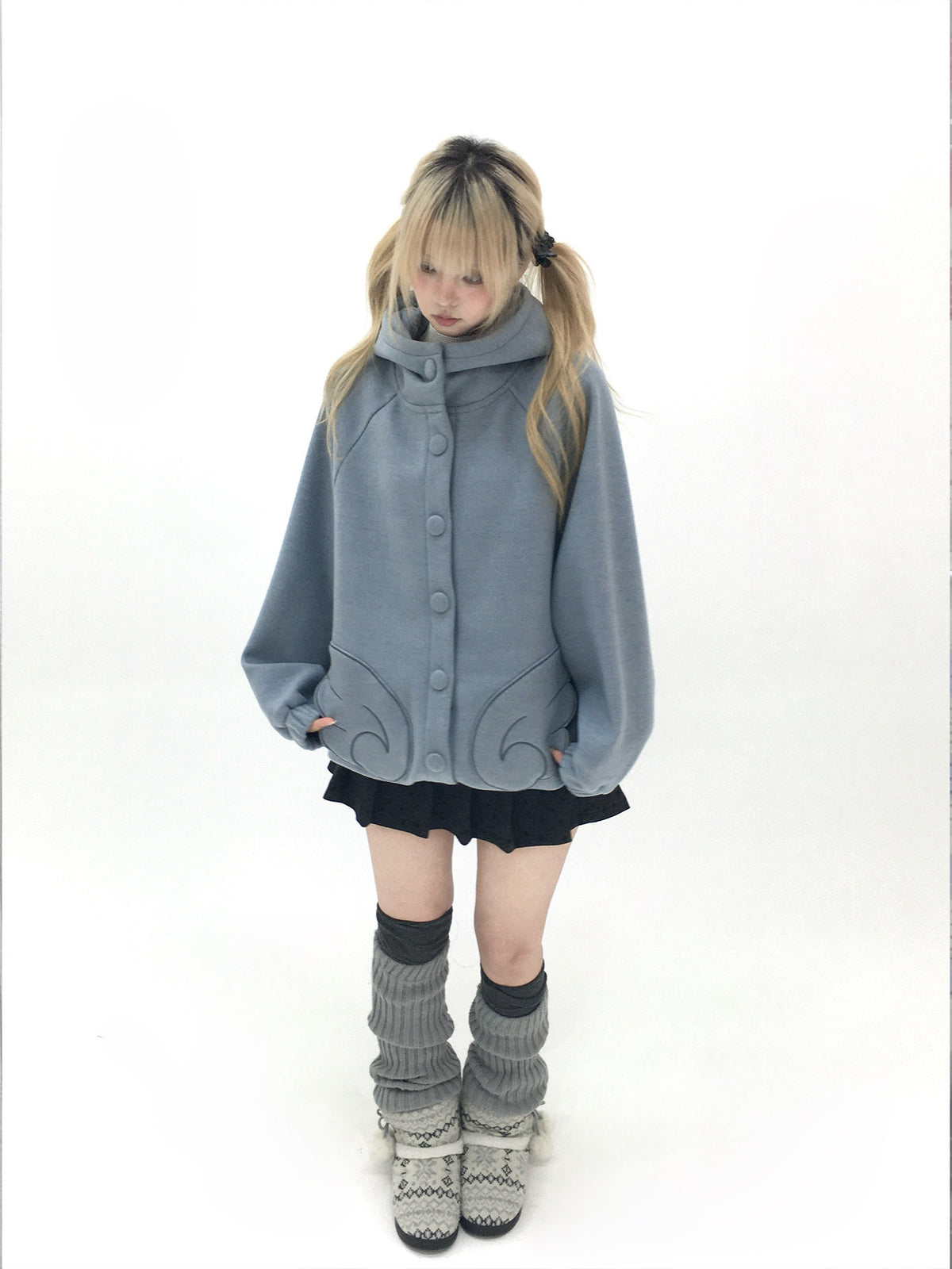 Dusty Blue & Ivory Fleece-Lined Cat Ear Wing Pocket Hooded Jacket
