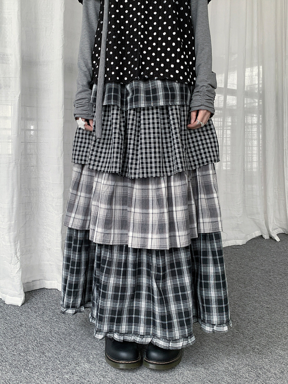 Mixed Plaid Tiered Maxi Skirt