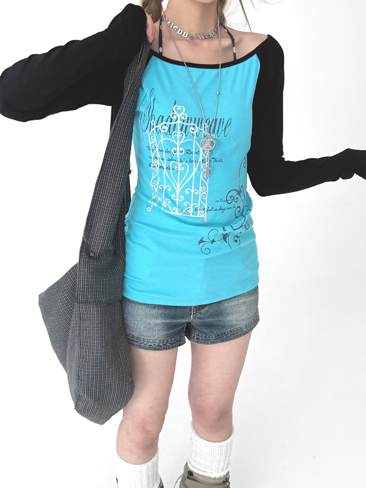 Aqua Contrast Graphic Raglan Long Sleeve Top