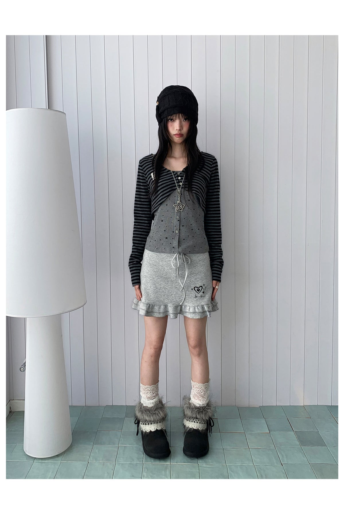 Heart Pulse Drawstring Ruffle Mini Skirt
