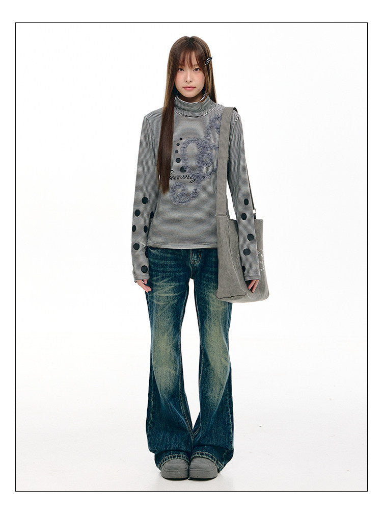 Lace Music Note Appliqué Mock Neck Long Sleeve Top