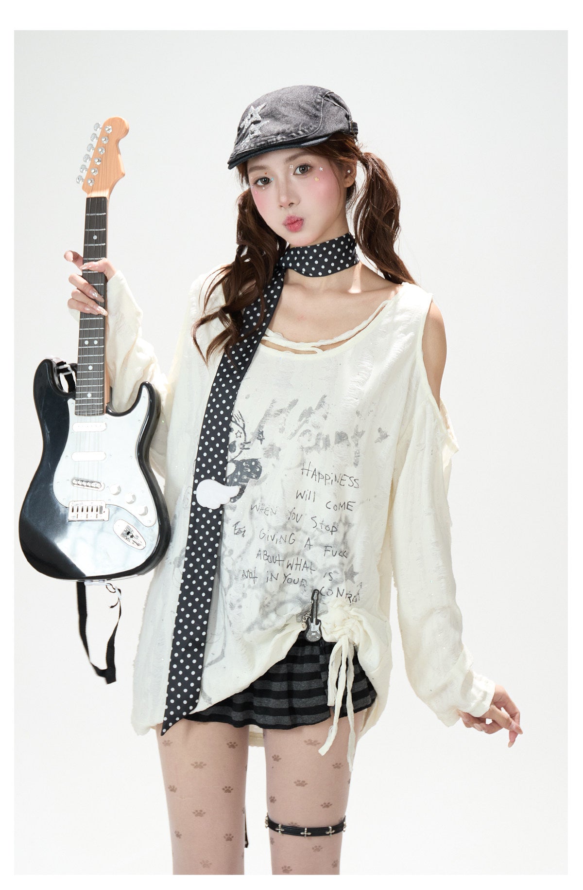 Distressed Cartoon Off-Shoulder Long Sleeve Top & Black Striped Mini Skirt