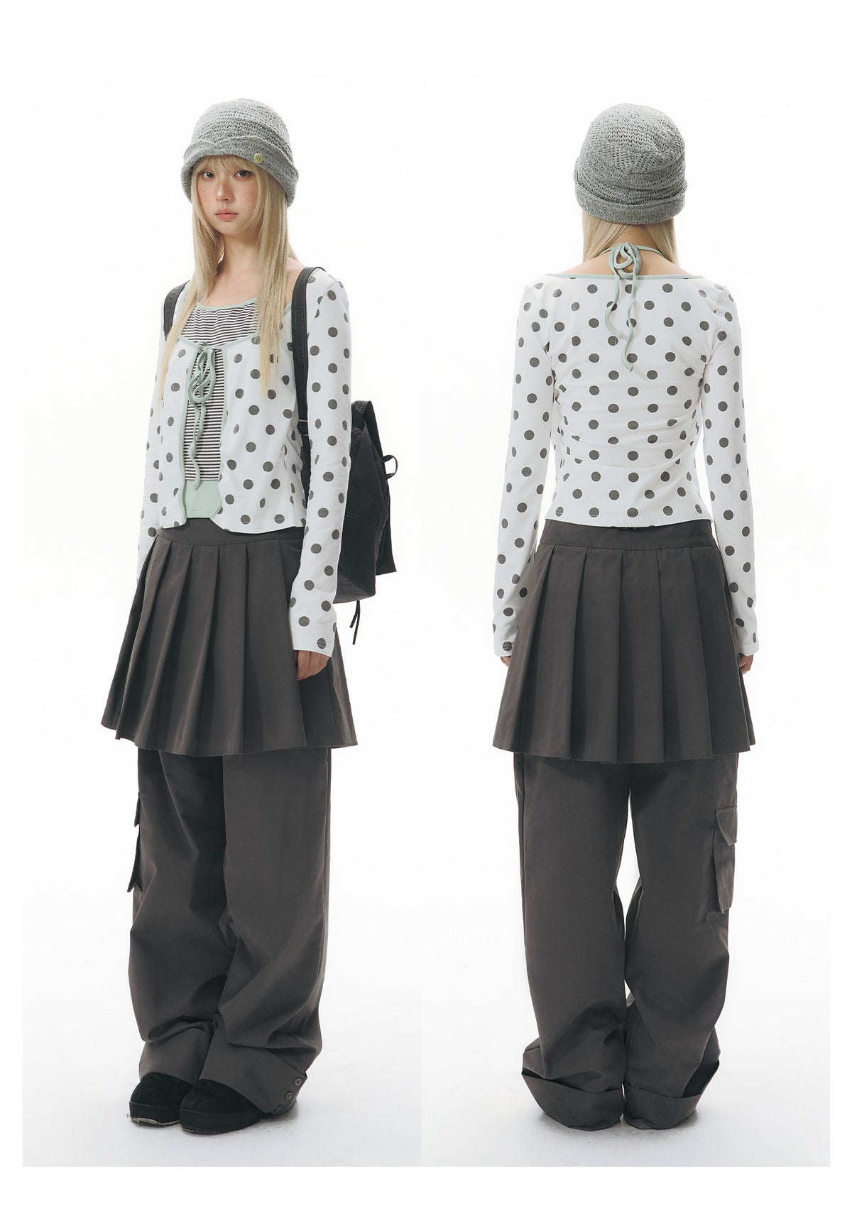 Pleated Skirt-Overlay Cargo Wide-Leg Pants