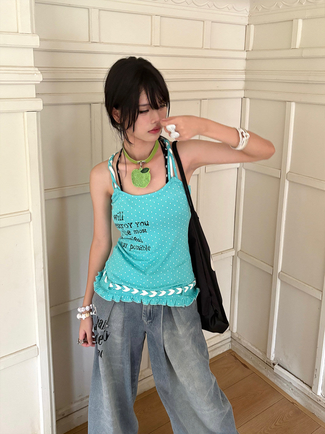 Aqua Polka Dot Braided Ruffle Tank Top