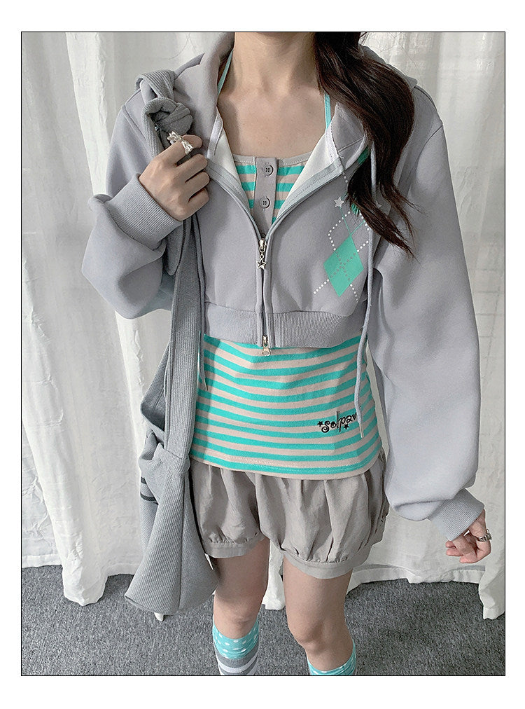 Striped Cami & Cropped Zip Hoodie Two-Piece Set