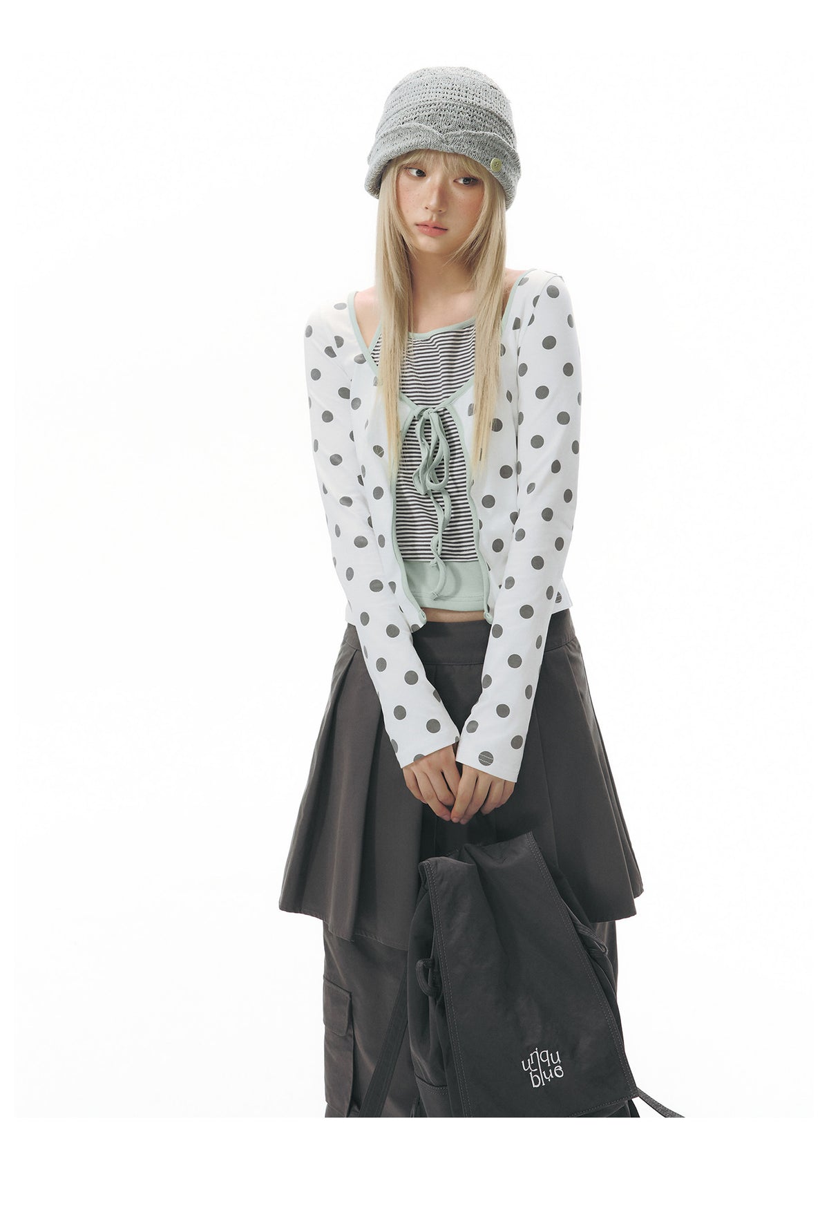Polka Dot Tie-Front Layered Halter Long Sleeve Top