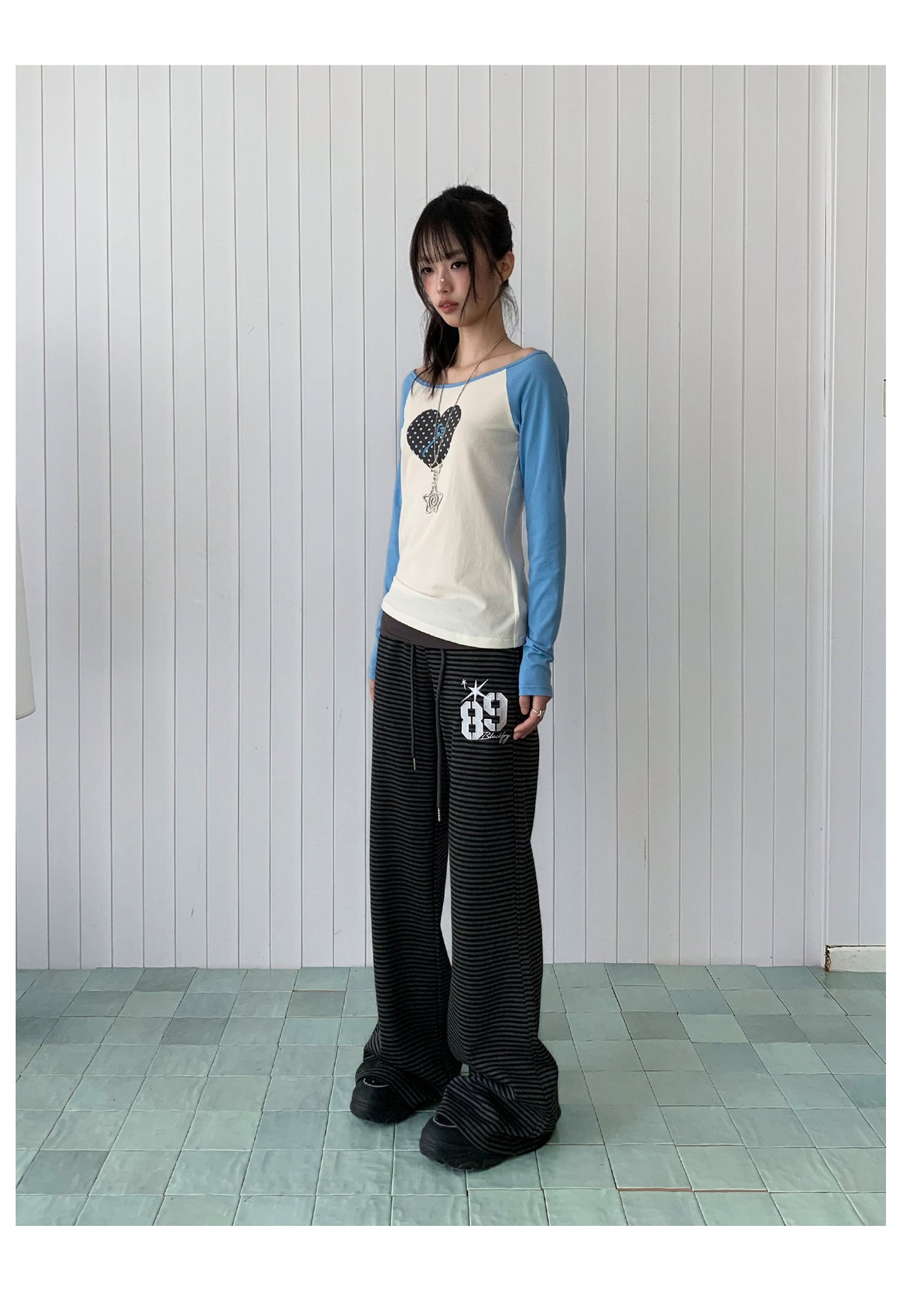 Polka Dot Heart Key Contrast Raglan Long Sleeve Tee