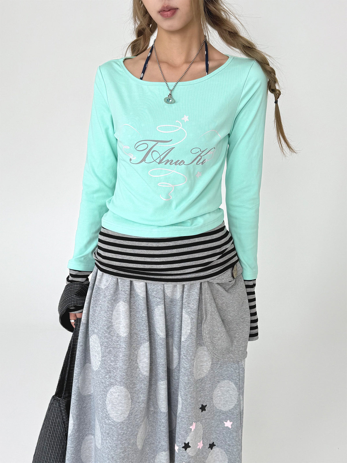 Mint Star Script Faux-Layered Long Sleeve Top