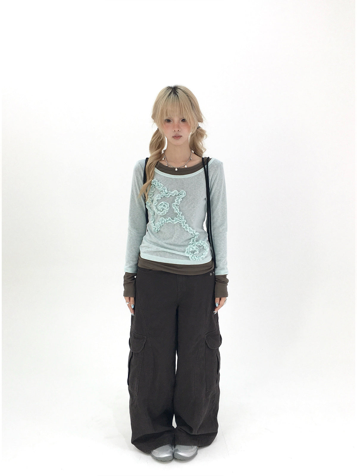Mist Aqua Ruffle Star Faux-Layer Long Sleeve Top
