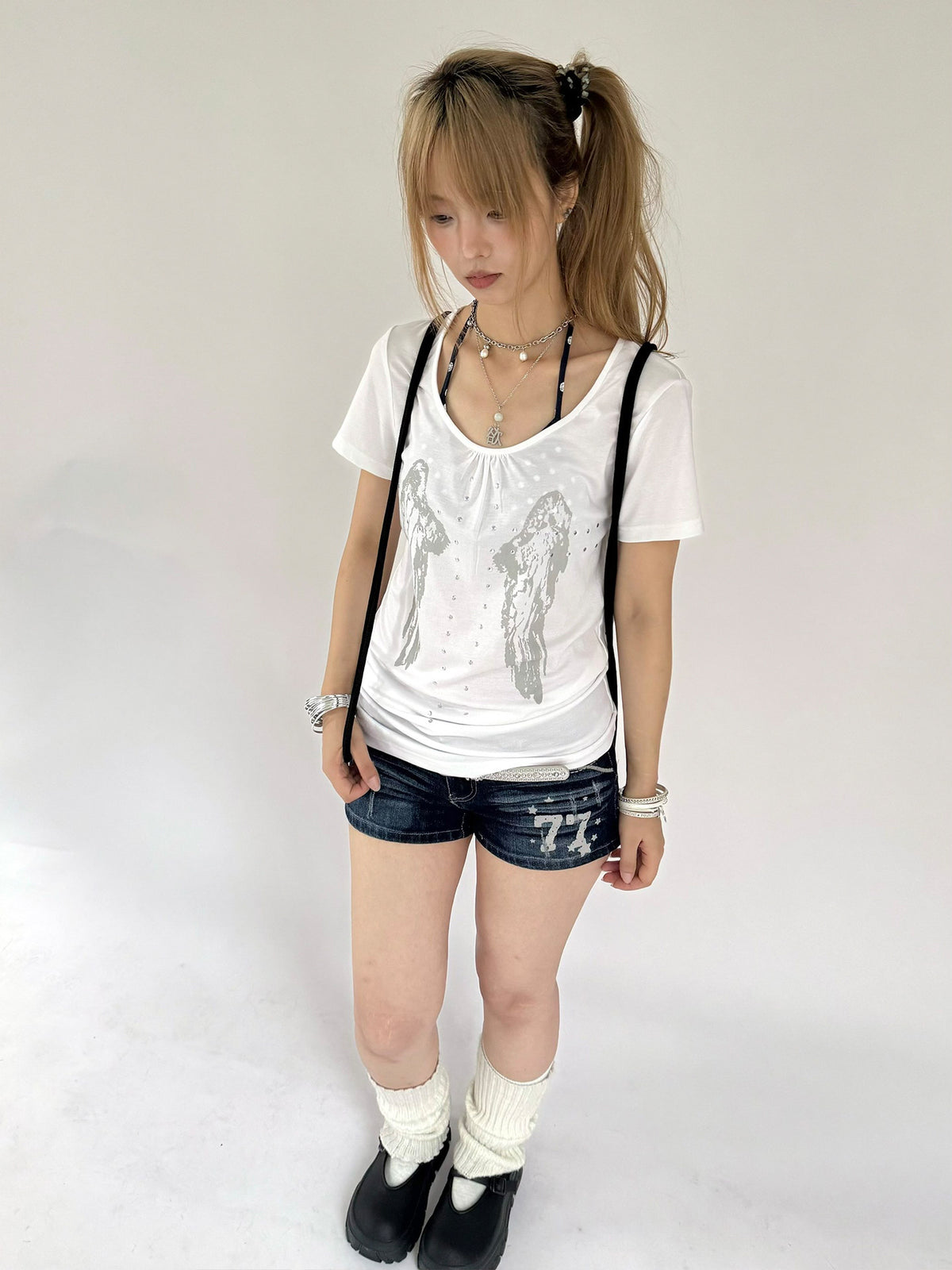 Angel Wing Rhinestone Ruched Tee