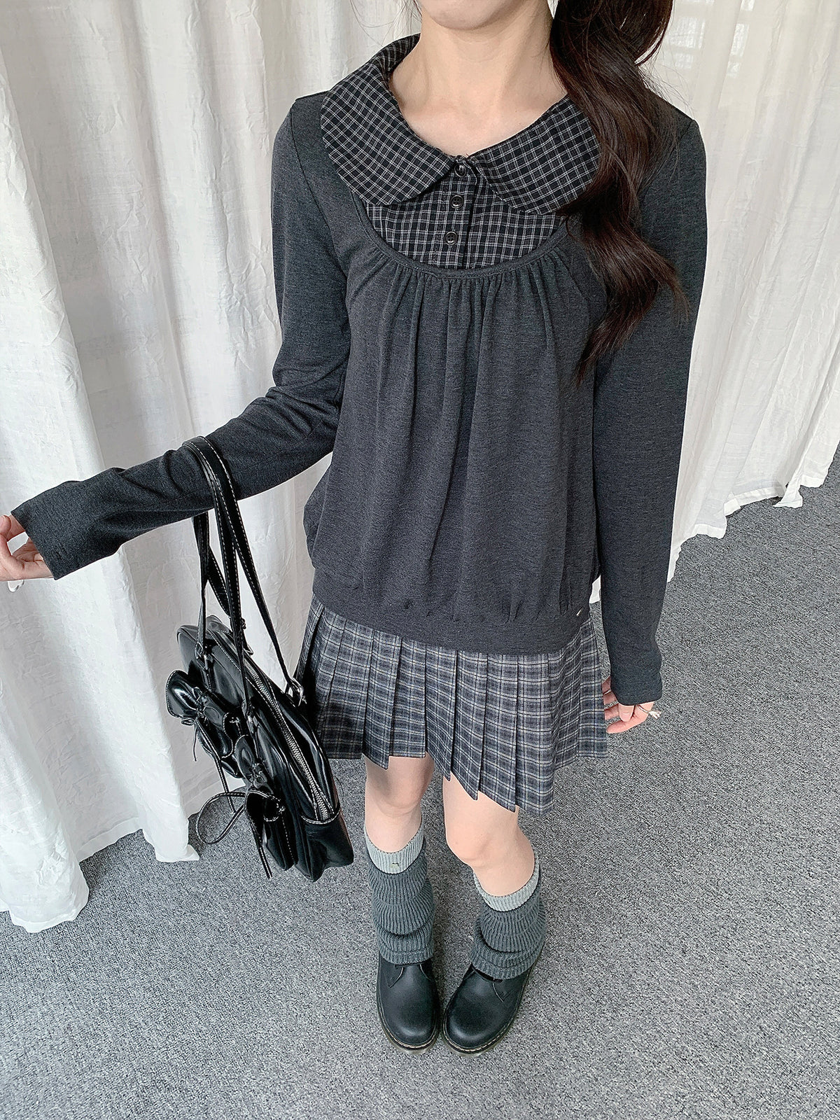 Plaid Collar Layered Long Sleeve Top